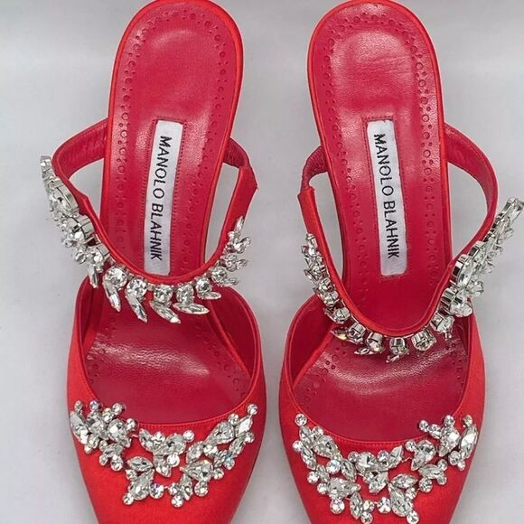 Manolo Blahnik Lurum 90MM Embellished Satin Mules size 36 - Picture 4 of 14